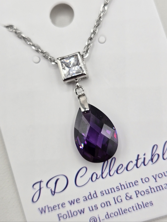 Swarovski Crystal Elements Silver Teardrop Necklace Purple Amethyst 18-20 inch - Picture 7 of 7